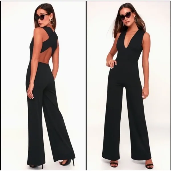 LULUS Thinking Out Loud Backless Black Jumpsuit Criss Cross Open Back Wide Leg S - Image 2