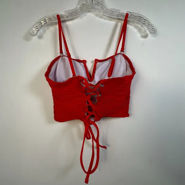 ZAFUL Red Ribbed Textured V-Wired Lace Up Bikini Set High‎ Waisted Medium - Image 7