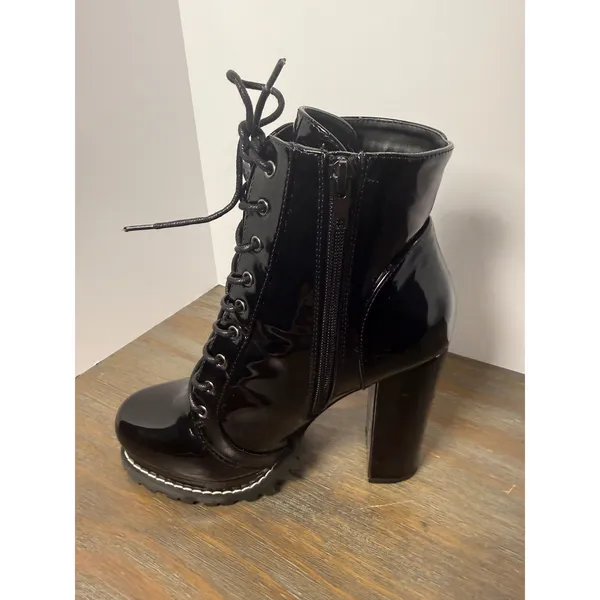 Liliana Black Patent Lace-Up Combat Boots Chunky Platform Heel Size 8 - Image 5