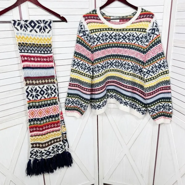 Old Navy Fair Isle Chunky Knit Sweater & Scarf White Multicolor‎ XXL - Image 10