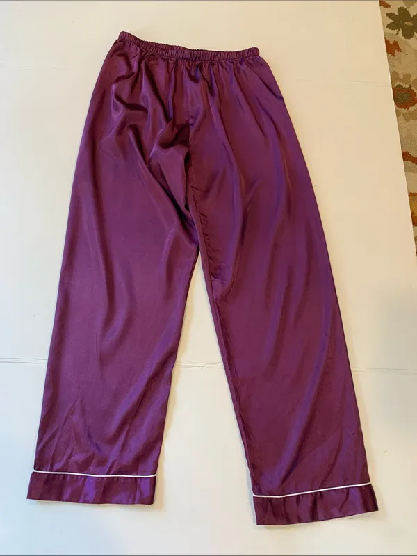 Women’s Small Purple Satin Button Front Long Sleeve Top and Pants Pajama Set - Image 3