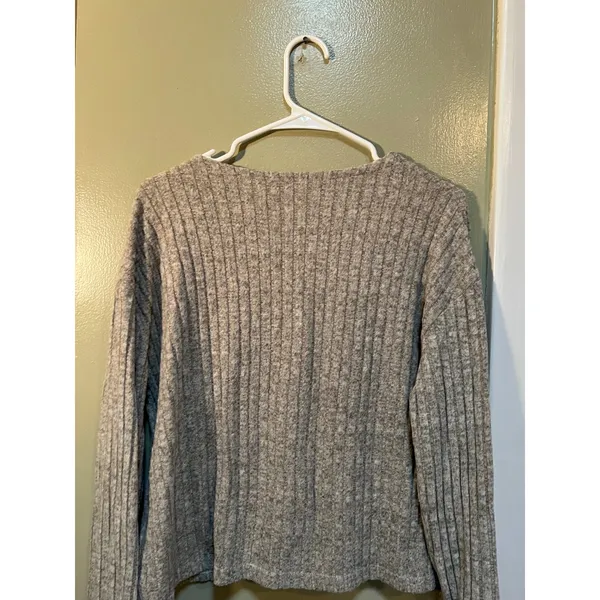 Women's Sz Medium Button Front Cardigan Heather Gray Oatmeal Ribbed Soft Pockets - Image 7