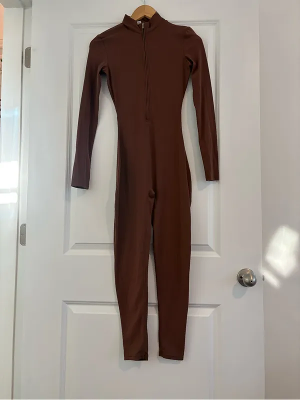 Women’s Fitted Long-Sleeve Jumpsuit - Chocolate Brown - Image 4