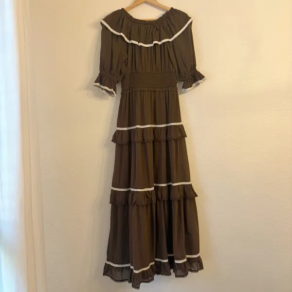 Anthropologie Puff Sleeve Scoop Neck Tiered Maxi‎ Dress S Cottage Ruffle Smocked - Image 5