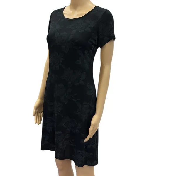 Vintage ESSE Floral Black and Gray Short Sleeve A Line Fit Flare Dress Size M - Image 4