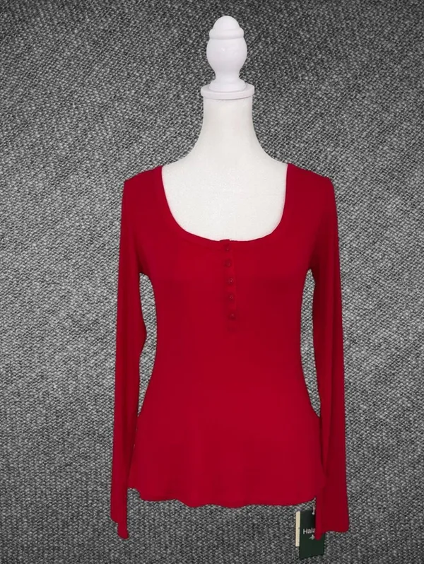 Halara Red Fitted Long Sleeve Henley Top Size S NWT - Image 2