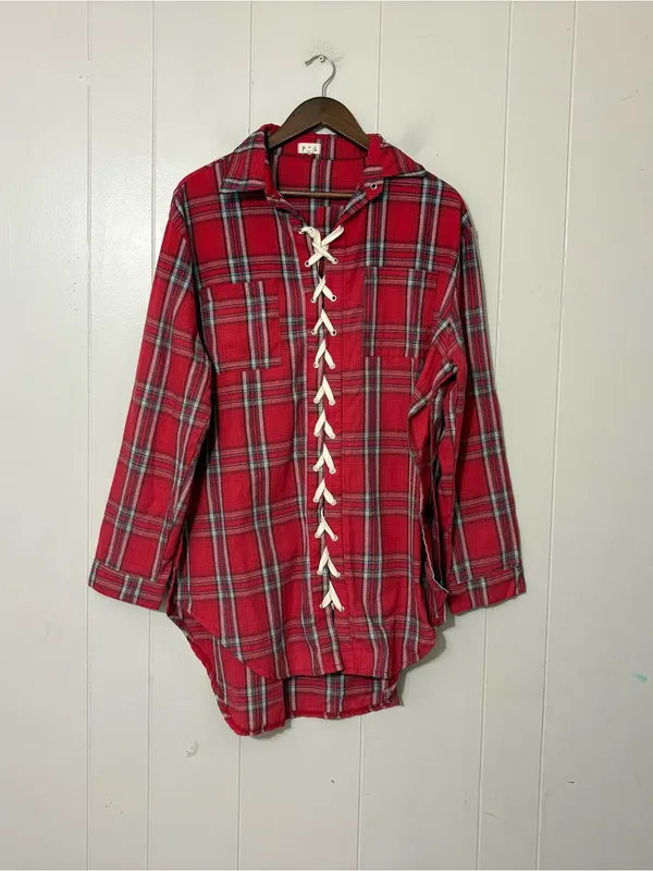 POL Red Plaid Lace Up Tunic Shirt Size L Boho Grunge Flannel Oversized Top - Image 2
