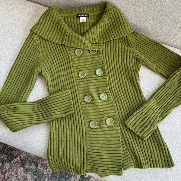 Vintage Mingle Green Ribbed Hooded Cardigan L Y2K Twee Indie Fairy Fall Cyber - Image 11
