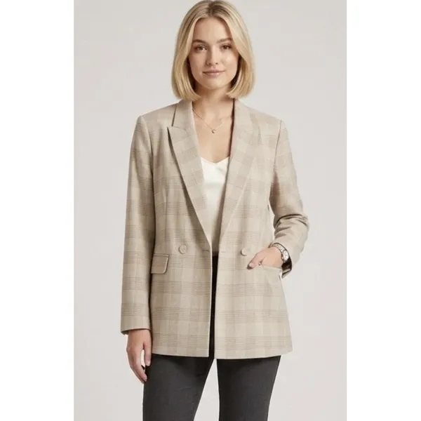 House of Harlow 1960 Plaid Cream & Tan Blazer Double Breasted Size Medium 90's - Image 2