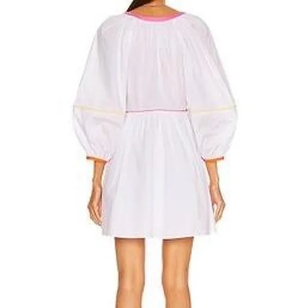 NWT STAUD White Mini Dress Pink Orange Trim Long Puff Sleeves Size Large - Image 2