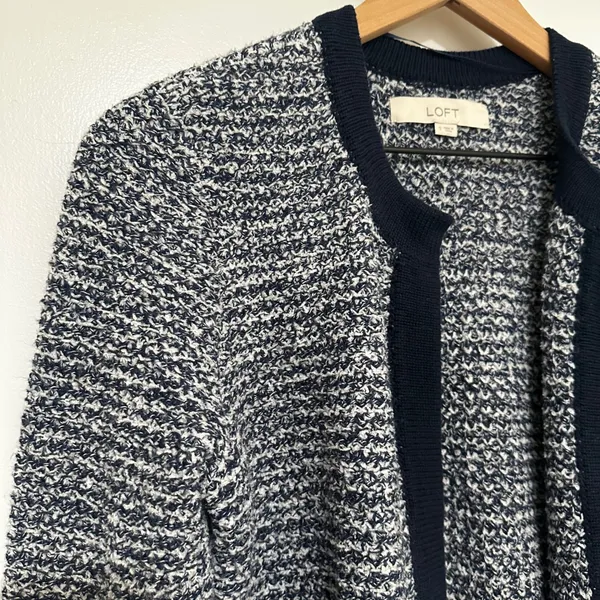 Loft | Women's Navy Blue White Marled Open Front Knit Cardigan Sweater, S - Image 3