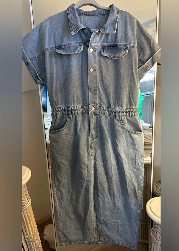 NEW Short Sleeve Denim Midi Dress Stretch Button Jean 2X - Image 3