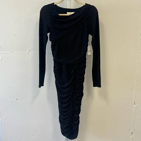Rachel Parcell‎ Metallic Bodycon Ruched Midi Long Sleeve Dress Stretch Black Sm - Image 3