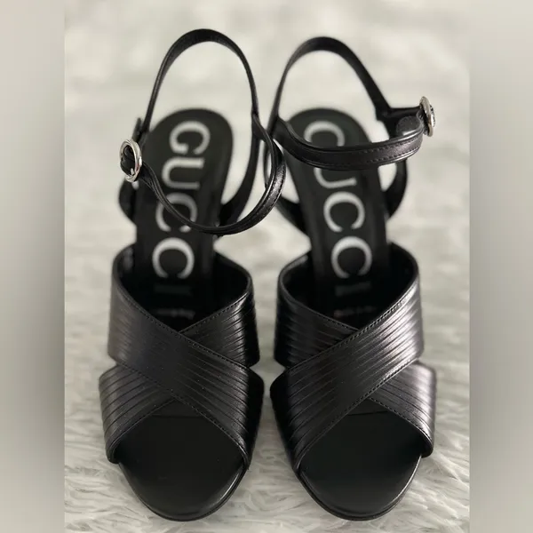 Authentic GUCCI Black‎ Leather Betsey Ankle Strap Heels Shoes Sz 36 - Image 2