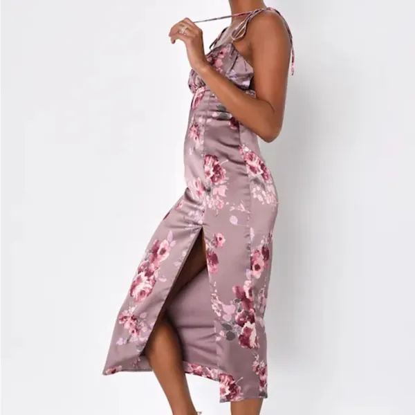 Lulu's Mauve Floral Satin Midi Dress - Image 3