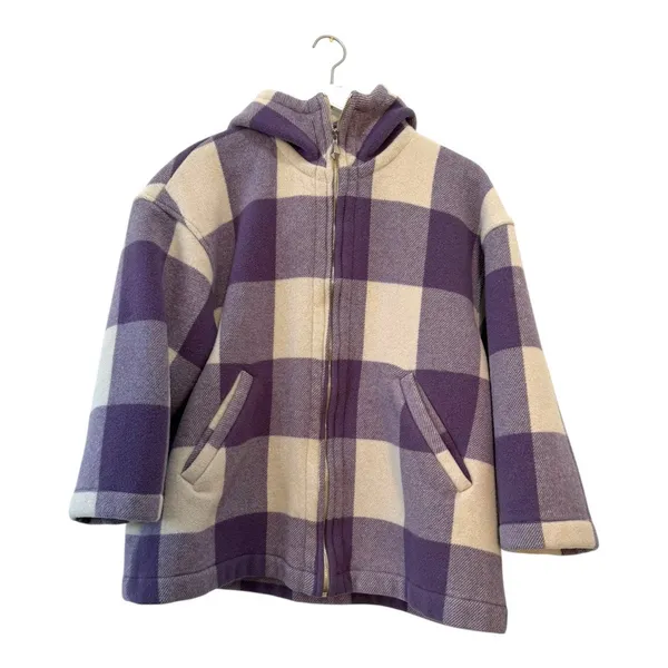 United Colors of Benetton Hooded Wool Coat Purple Plaid Women’s 38 - Image 10
