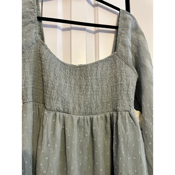 Altar'd State Mini Dress Swiss Dot Sage Green Smocked Long Sleeve NWT‎ Boho L - Image 5