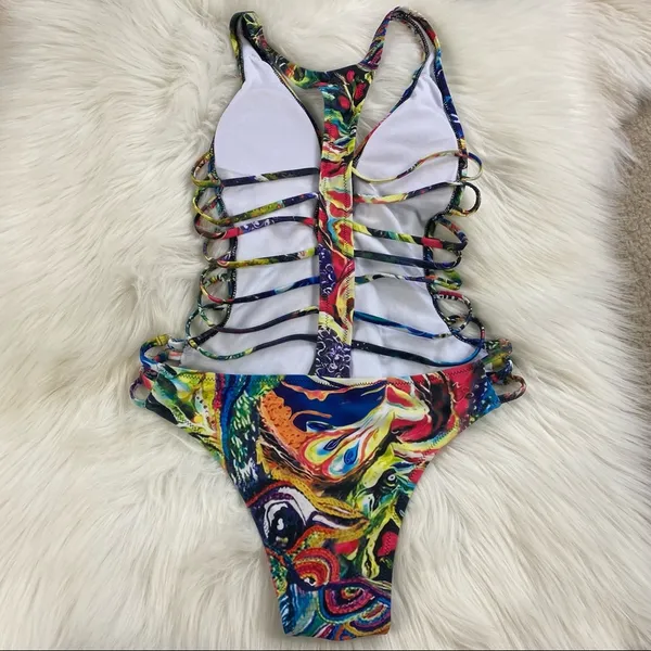 Abstract Plunging Strappy Cheeky Colorful Cutout Bathing Suit - Image 5