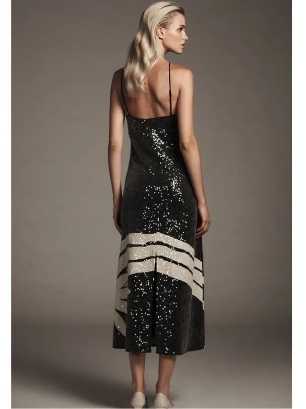 Farm Rio Anthropologie Medium Halter Sequin Midi Dress Black Tropical Resort - Image 7