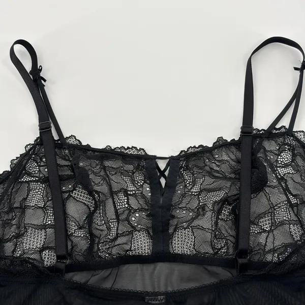 Black Sheer Lace Babydoll Lingerie Chemise Bow Detail Mesh Nightgown - Image 4