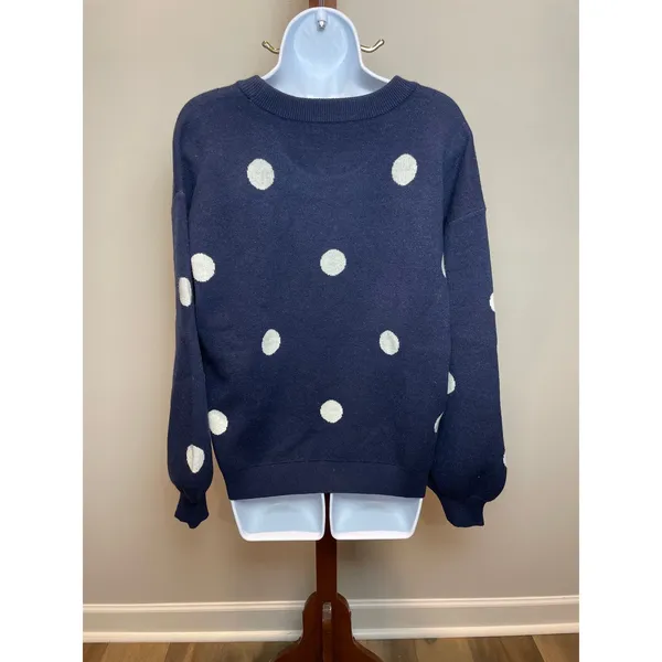 Les Serein Size L Navy Knit Sweater with Cream Polka Dots - Image 3