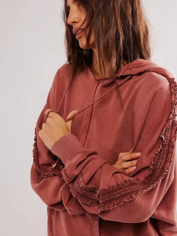 Free People XOXO Hoodie Sweatshirt Large Antique Oak Orange Ruffles - Image 2