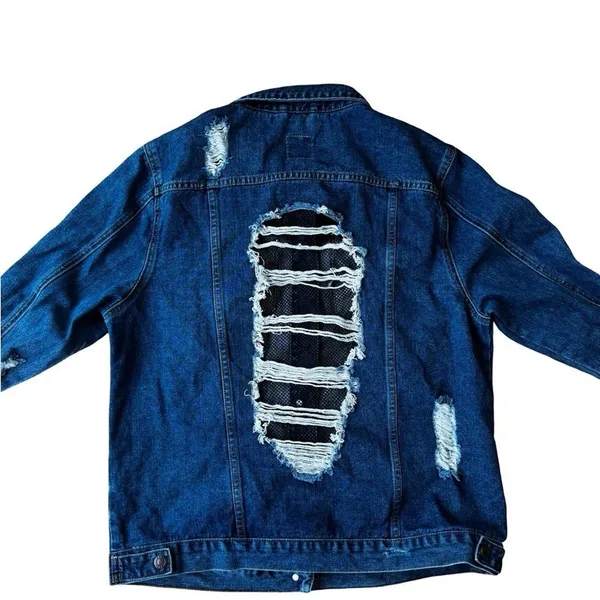Boom Boom Jeans Distressed Denim Jacket Women’s XL Blue Net Detail - Image 5