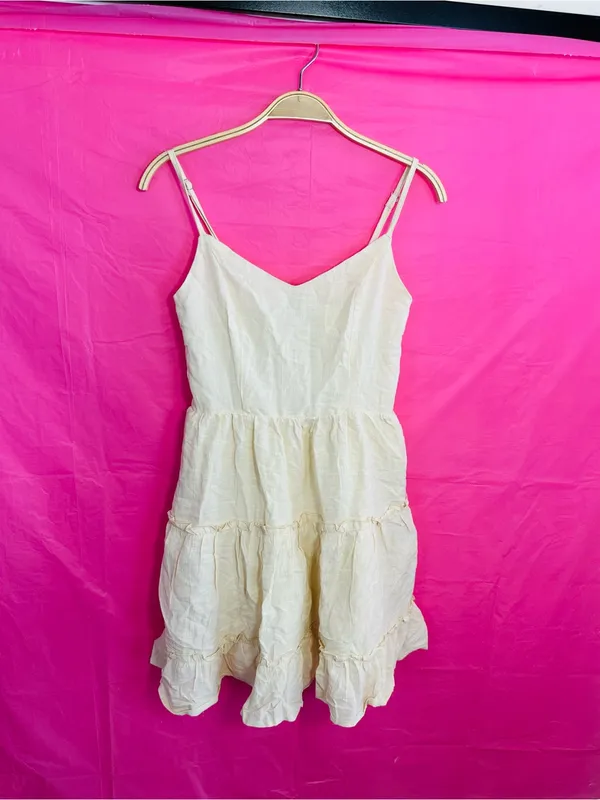 Lightweight Cream Tiered Mini Dress with Spaghetti Straps - Image 12