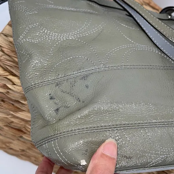 Coach Womens Gross Grain Patent Leather Stitch Tote Shoulder Bag Green Gray Medi - Image 5
