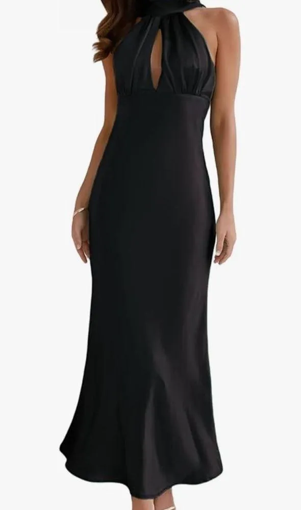 Flawed*** Small Black Satin Halter Neck Midi Dress - Image 4