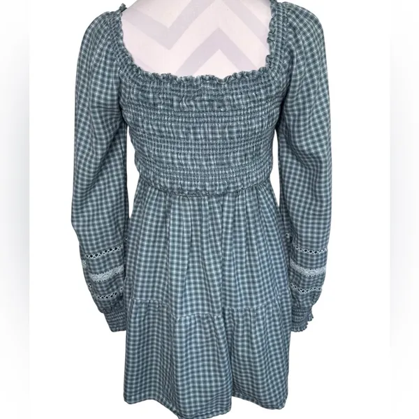 American Eagle Plaid Mini Dress Smocked Long Sleeve Square Neck Gingham Babydoll - Image 8