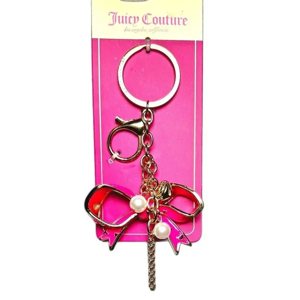 Juicy Couture Gold Bow Keychain Heart Charm Pink Faux Pearl Bag Clip NWT Y2K - Image 3