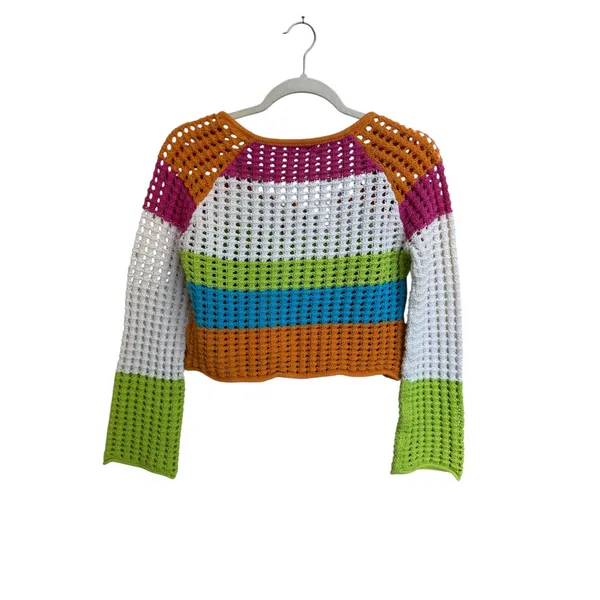 Wild‎ Fable Square Neck Pointelle Pullover Sweater Bright Striped Size XXS - Image 2
