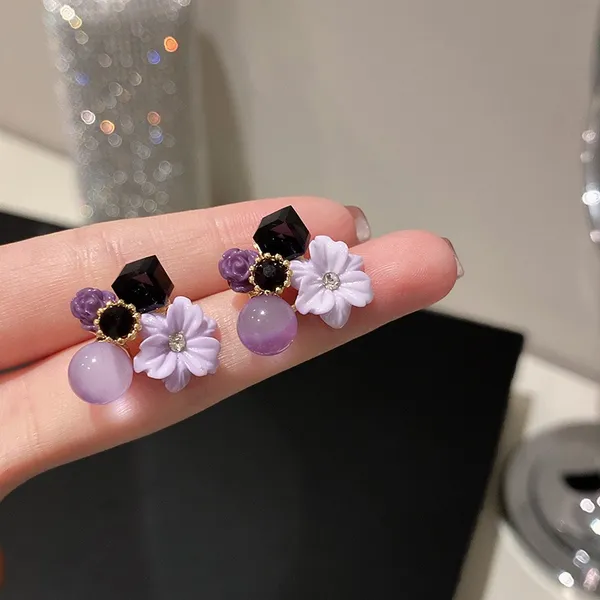 Purple Crystal Flower Stud Earrings for Women Girls,Flower Earrings - Image 3