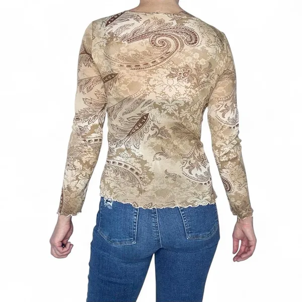 Vintage Y2K Tan Beige Paisley Long Sleeve Shirt - Image 7