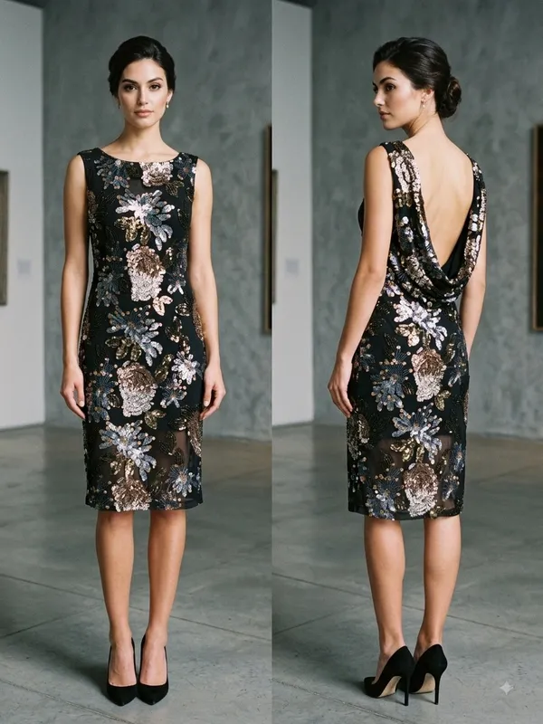 VTG Y2K Cache Floral Sequin Black Sparkle Sheath Cocktail Dress Medium. - Image 2