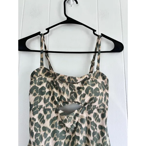 Aerie‎ Women XS Leopard Print Cutout One Piece Swimsuit Olive Green Open Back - Image 3