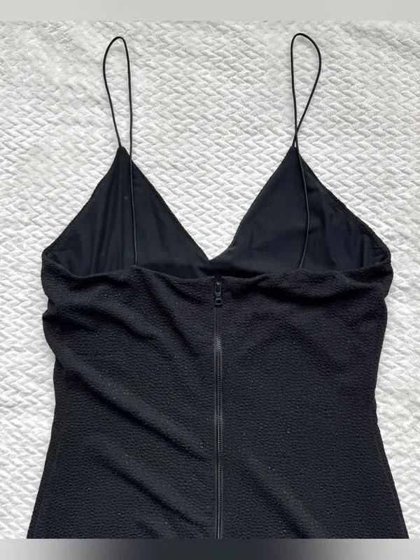 Alice + Olivia Stila Midi Dress 8 Black LBD Side Slit Sparkle Minimalist Party - Image 16