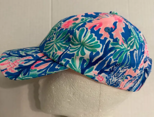 Lilly Pulitzer Blue Tropical Print Sun Hat with Pink & Green Accents - Image 6