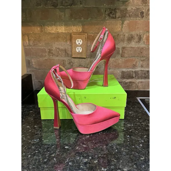 Sam Edelman Andie Pumps Fuschia Satin Embellished Platform Heel Size 8.5 - Image 3