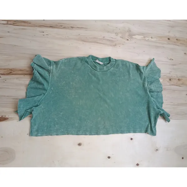 Altar'd State Sage Green Waffle Knit Ruffle Sleeve Crop Top Size Small EUC - Image 2