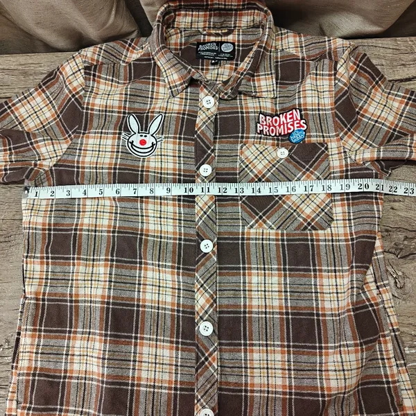 Broken Promises x‎ Happy Bunny Graffiti Brown Flannel Shirt. Size M. - Image 5