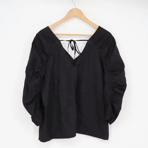 LOFT Blouse Women's L Black Puff Ruched Sleeve Tie Back New - Image 6