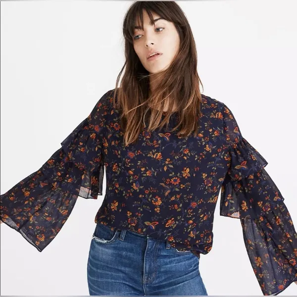 Madewell Ruffle-Sleeve‎ Top Blouse in Climbing Vine Navy Blue Floral Size Medium - Image 2
