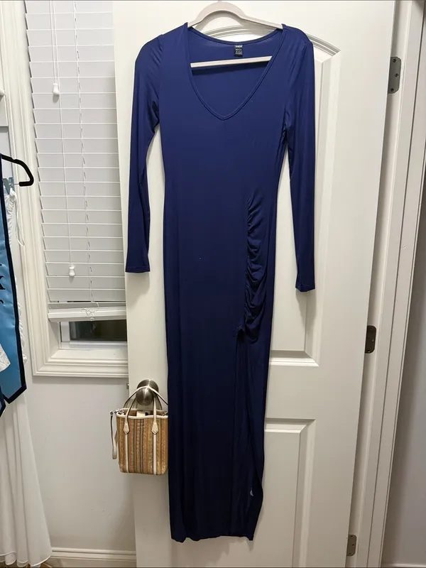 SHEIN Navy Long-Sleeve Scoop-Neck Maxi Dress with High Slit - Image 3