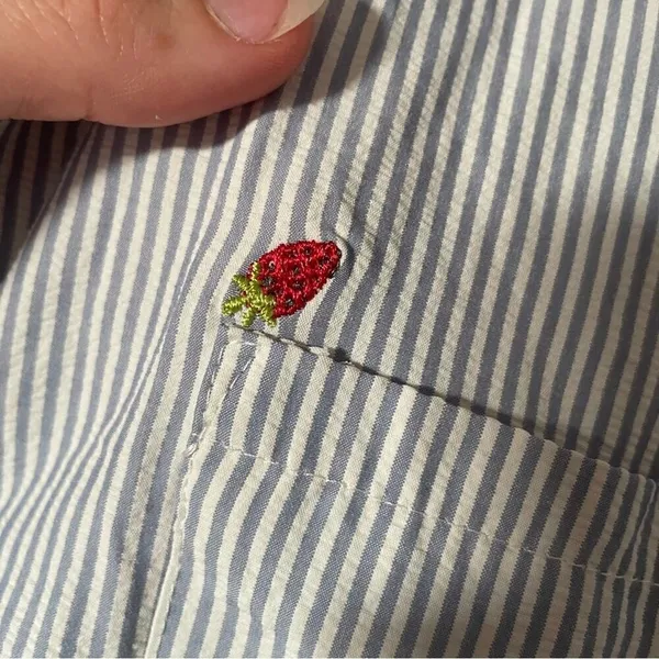 Blue and White Striped Button-Up Pajama Shirt with‎ Strawberries size Large - Image 3