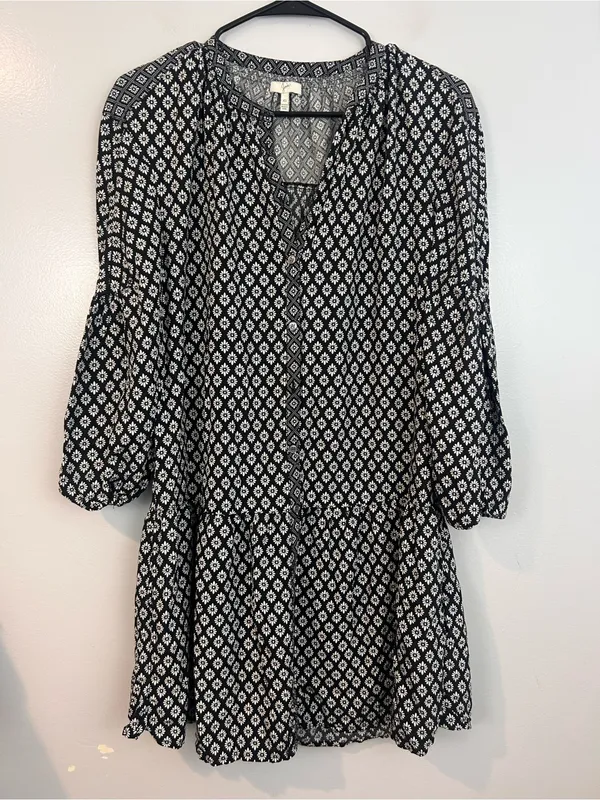 Joie Hagi Long Bishop Sleeve Ditzy Tile Print Black/White Drop BohoDress Size XS - Image 2