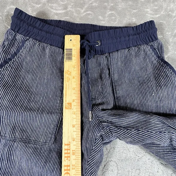Athleta Pinstripe Wide Leg Pants Womens 4 Blue 100% Linen Coastal Drawstrings - Image 3