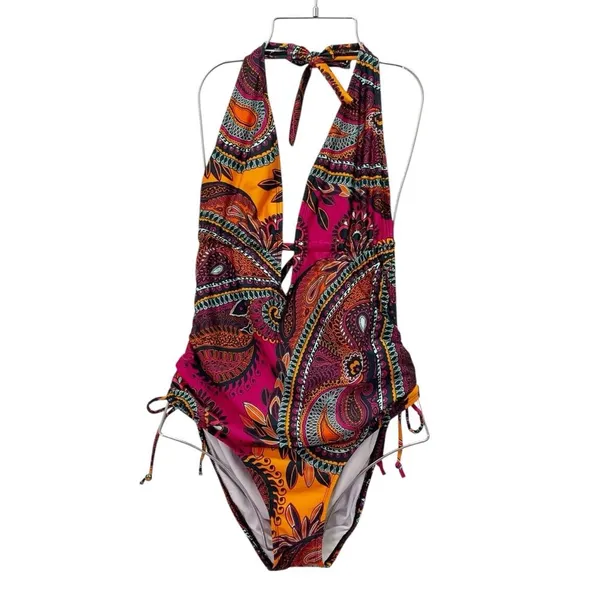 Cleanwater Paisley Plunge One Piece Swimsuit Size XL Boho Monokini Open Back - Image 3