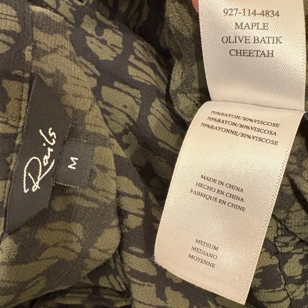 Rails Maple Dress Olive‎ Batik Cheetah Animal Print Midi V-Neck Long Sleeve M - Image 10